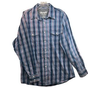 Wrangler Retro Premium Mens Large Blue Red Plaid Long Sleeve Button Down MVR564B